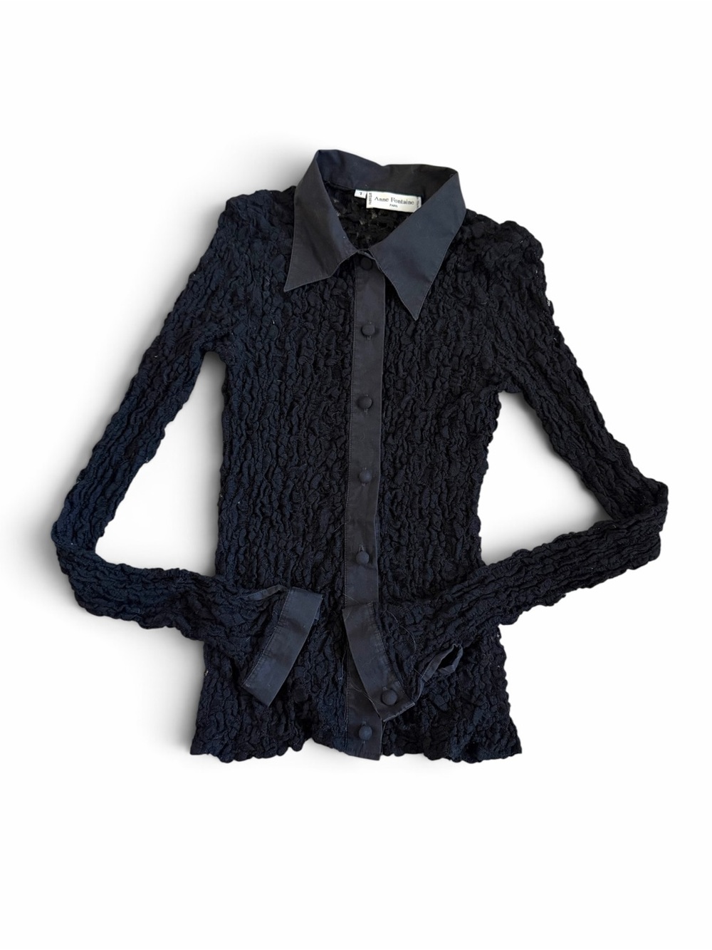 Ann Fontaine Paris Black Stretch Lace Collared Top | Size 1